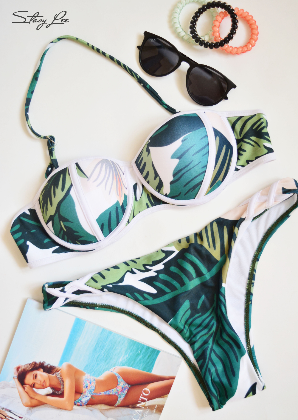 Sexy Women Bandage Bikini 2016 New Palm Beaches/Plant Print/Push&Up/Underwire/Strapless Swimwear/Swimsuit/Two-piece/bathing suit